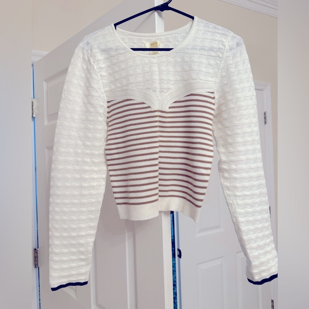 Maeve by Anthropologie Size M Sweater Ribbed & Textured Knit White Stripe